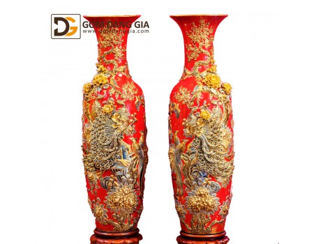 Lọ lộc bình Bát Tràng men đỏ, đắp nổi dát vàng công danh Lọ lộc bình Bát Tràng men đỏ, đắp nổi dát vàng công danh